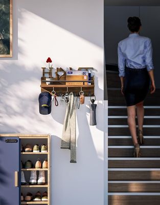 Porta-chaves e porta-correios de madeira de dupla camada para organizador de entrada decorativo de parede