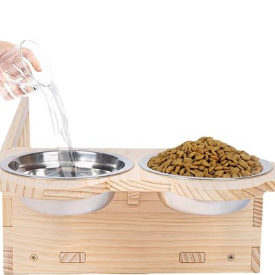 Moderno estilo de design de parede montada em madeira cat feeder prateleira com duas tigelas serviço personalizado