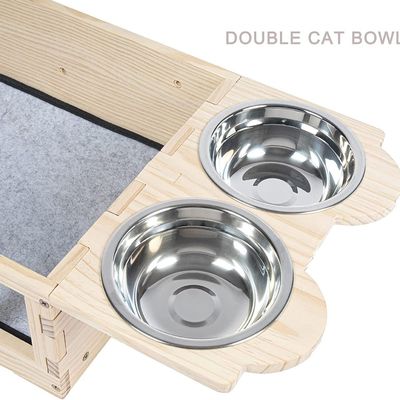 Moderno estilo de design de parede montada em madeira cat feeder prateleira com duas tigelas serviço personalizado