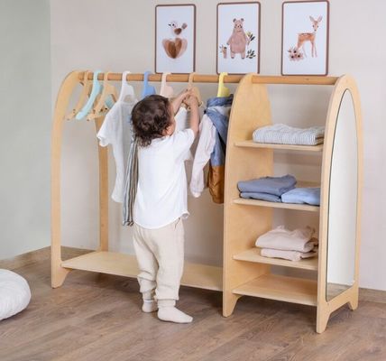 Casa Móveis Montessori Crianças Prateleira de roupas Guarda-roupa com espelho e grande quantidade