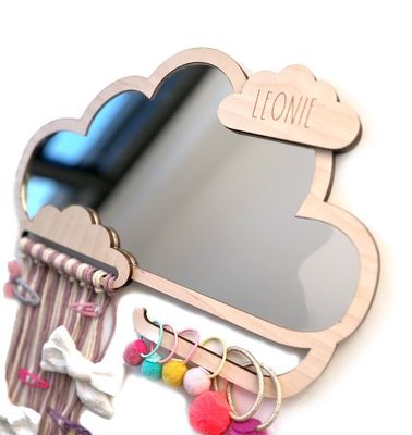 Espelho infantil em forma de nuvem de madeira personalizado com clip para cabelo e suporte de banda de borracha