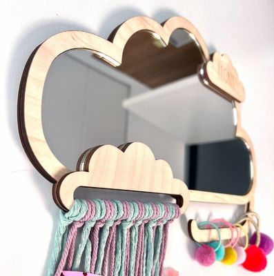 Espelho infantil em forma de nuvem de madeira personalizado com clip para cabelo e suporte de banda de borracha