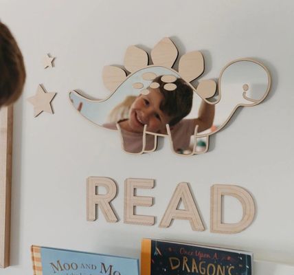 Logotipo personalizado Espelho em forma de quadro de dinossauro de madeira com quadro de madeira e madeira