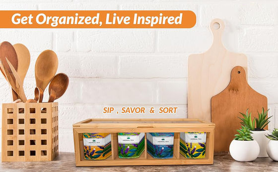 Organizador de sacos de chá de madeira com impressão gravada a laser e janela de vidro acrílico transparente