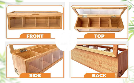 Organizador de sacos de chá de madeira com impressão gravada a laser e janela de vidro acrílico transparente