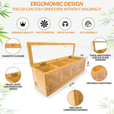 Organizador de sacos de chá de madeira com impressão gravada a laser e janela de vidro acrílico transparente