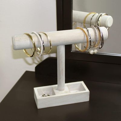 Sala de estar Custom Madeira T-Bar Jewelry display Stand com 2 compartimentos de armazenamento bandeja