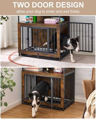 Caixa de cães de madeira para interiores 202406 Portas duplas Caixa grande para cães com bandeja antiderrapante