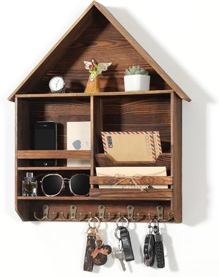 Fácil Instalação Decorativa Chave de Madeira Hanging Rack com 5 ganchos duplos Logotipo personalizado