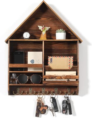 Fácil Instalação Decorativa Chave de Madeira Hanging Rack com 5 ganchos duplos Logotipo personalizado