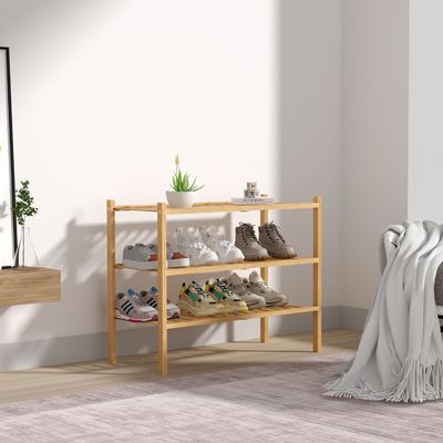 Home Armazenamento Estante de calçado de madeira para espaços pequenos 3 Nível Organizador de prateleira de calçado de bambu
