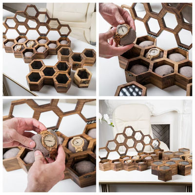 Caixa de relógio de madeira com tampa deslizante e ambiente