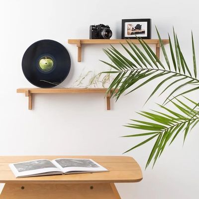 Decoração de escritório de madeira de dupla camada parede flutuante 2 prateleiras de carvalho minimalista prateleira de borda para casa poupar espaço