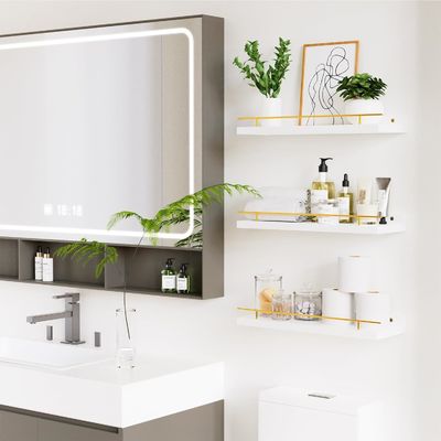 Prateleiras de parede de banheiro Conjunto de 3 com corrimão de metal dourado e madeira de bambu 41X13.5X2cm