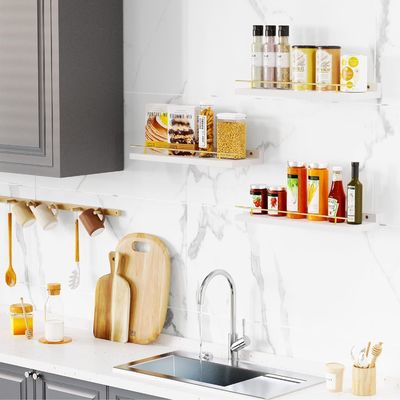 Prateleiras de parede de banheiro Conjunto de 3 com corrimão de metal dourado e madeira de bambu 41X13.5X2cm