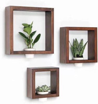 3pcs Solid Pine Wood Wall Shelf Conjunto com Plantadores de Cerâmica Branca Decoração de Escritório em Casa feita à mão