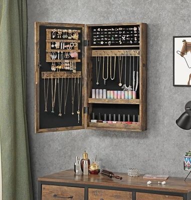 Armário de jóias montado na parede/porta com espelho de comprimento completo e 6 LEDs