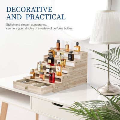 Barnizamento de madeira Colônia Stand Rack Display Riser Prateleira com gaveta Armazenamento TIMBER