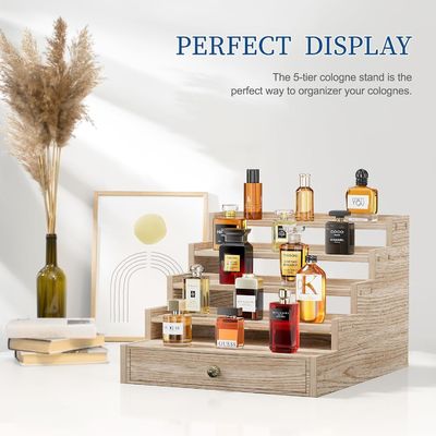 Barnizamento de madeira Colônia Stand Rack Display Riser Prateleira com gaveta Armazenamento TIMBER