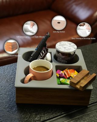 Logotipo personalizado Soft Silicone Acacia Sofá de Madeira Caddy para Snacks Bebidas Remote