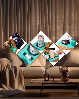 Logotipo personalizado Soft Silicone Acacia Sofá de Madeira Caddy para Snacks Bebidas Remote