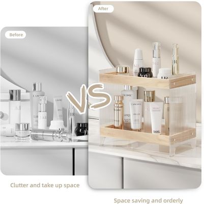 Organizador de perfumes de maquiagem não dobrável com bandeja de madeira e prateleira de cosméticos acrílicos