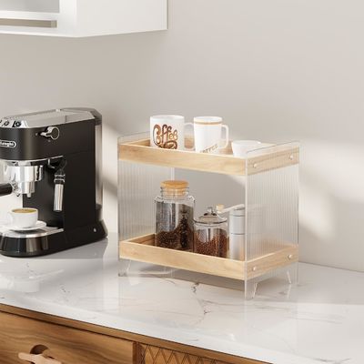 Organizador de perfumes de maquiagem não dobrável com bandeja de madeira e prateleira de cosméticos acrílicos