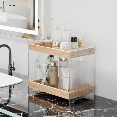 Organizador de perfumes de maquiagem não dobrável com bandeja de madeira e prateleira de cosméticos acrílicos