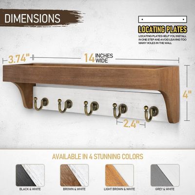 Base de madeira 2 cores porta-chaves com 5 teclas retrô Ganchos para decoração de casa rústica branco cinza
