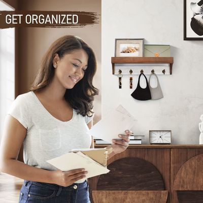 Base de madeira 2 cores porta-chaves com 5 teclas retrô Ganchos para decoração de casa rústica branco cinza