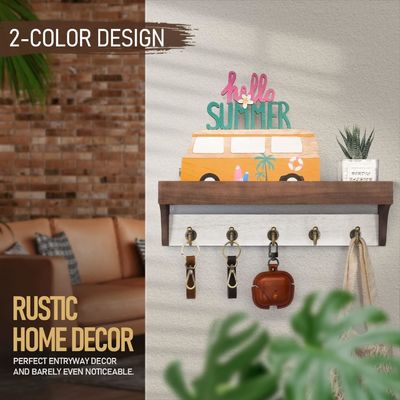 Base de madeira 2 cores porta-chaves com 5 teclas retrô Ganchos para decoração de casa rústica branco cinza