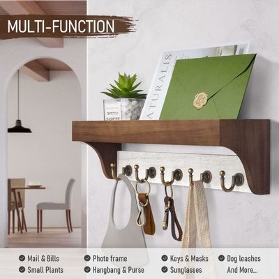 Base de madeira 2 cores porta-chaves com 5 teclas retrô Ganchos para decoração de casa rústica branco cinza