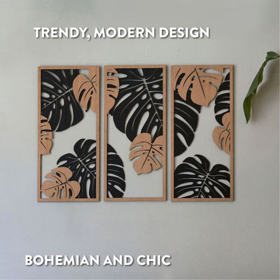 Decoração Monstera personalizável em 3 painéis Estruturas de madeira incluídas para arte de parede de plantas