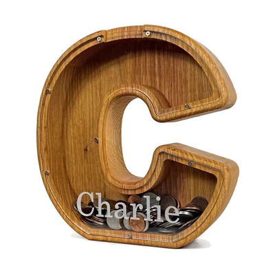 Requisito do cliente Letras inglesas de madeira criativas Piggy Bank com vidro transparente