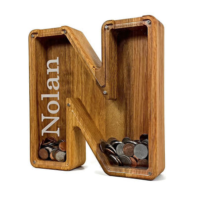 Requisito do cliente Letras inglesas de madeira criativas Piggy Bank com vidro transparente