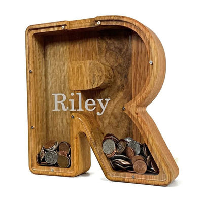 Carta Inglesa Banco de Porco de Madeira Banco de Dinheiro Personalizado de Alfabeto com 1,75 polegadas de espessura
