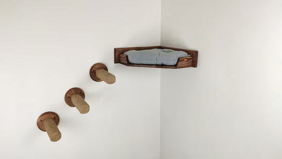 Casa de jogos de gatos montada na parede com cama de gatos em madeira natural