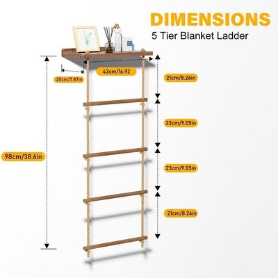 Estante de escada de madeira de 5 níveis Estante de cobertor rústico para armazenamento de cobertores de fazenda