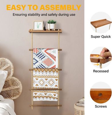 Estante de escada de madeira de 5 níveis Estante de cobertor rústico para armazenamento de cobertores de fazenda