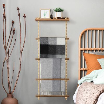 Estante de escada de madeira de 5 níveis Estante de cobertor rústico para armazenamento de cobertores de fazenda