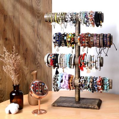 Relógio de bracelete de 4 níveis Necklace Display de madeira Jewelry Stand Holder em marrom antigo