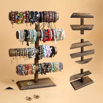 Relógio de bracelete de 4 níveis Necklace Display de madeira Jewelry Stand Holder em marrom antigo