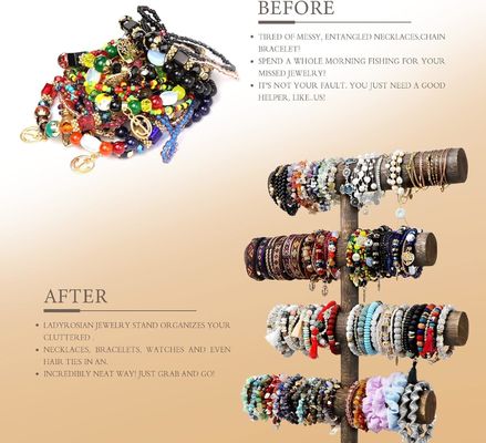 Relógio de bracelete de 4 níveis Necklace Display de madeira Jewelry Stand Holder em marrom antigo