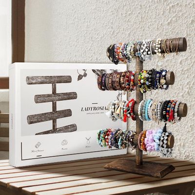Relógio de bracelete de 4 níveis Necklace Display de madeira Jewelry Stand Holder em marrom antigo