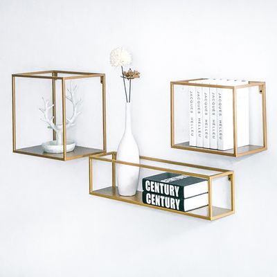 NO Prateleira de armazenamento de parede de madeira inflável com prateleiras de metal e madeira maciça de design moderno