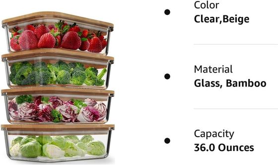 Contenedores de armazenamento de alimentos de vidro de 4 pacotes com tampas de bambu