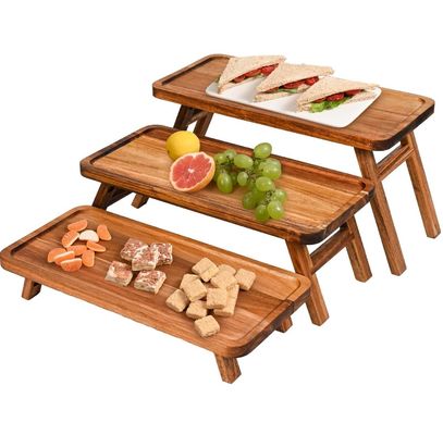 3 Nível de madeira Cupcake Torre de exibição Stand Acacia madeira dobrável bandeja de serviço para parte