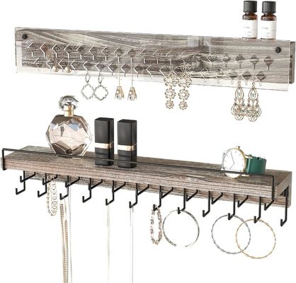 Exposição de brincos de madeira de casa de campo rústica personalizada e suportador de montagem de parede de colar de acrílico transparente