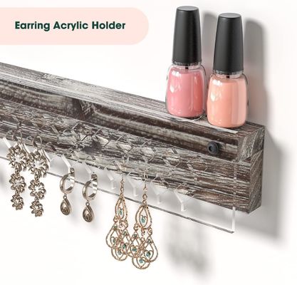 Exposição de brincos de madeira de casa de campo rústica personalizada e suportador de montagem de parede de colar de acrílico transparente