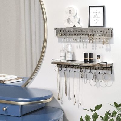 Exposição de brincos de madeira de casa de campo rústica personalizada e suportador de montagem de parede de colar de acrílico transparente